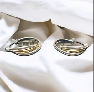 Sterling Silver (2) Band Twisted Small Hoop Earrings w/ 10KT Gold Band Accent